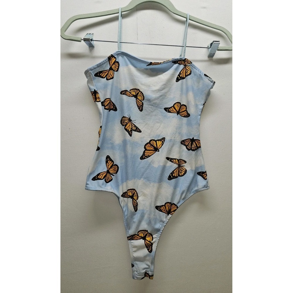 Y2K Monarch Butterfly Cloud Print Bodysuit Size M Blue Pastel Festival Rave
